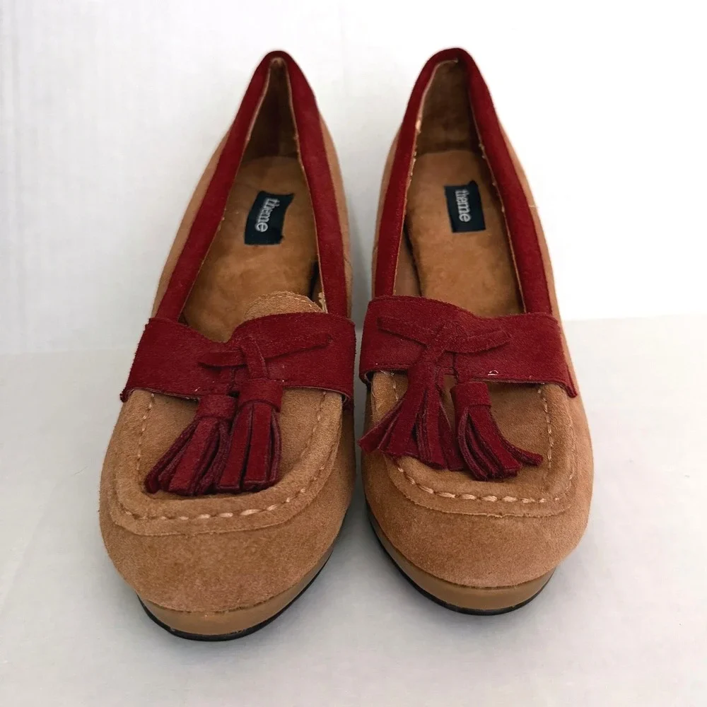 Y2K Women Tan Burgundy Suede‎ Tassel Wedge Loafer Shoes Size 8 M